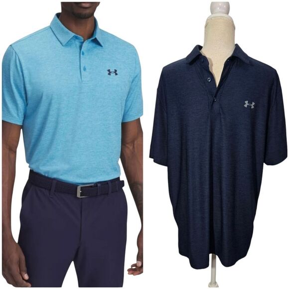 Under Armour Men's Golf Polo Heatgear Heathered Navy Blue Sz Large Loose Fit - Picture 1 of 8